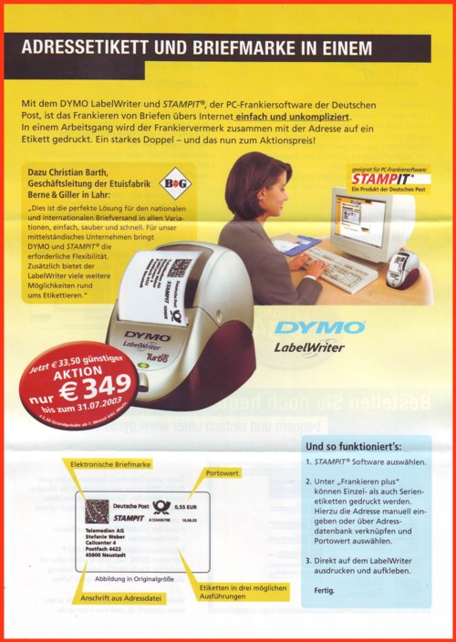 Der Inhalt des Postwurfsendung - anhand des alten Stampit Layouts (2-D-Barcode links) kann man die Werbung zeitlich auf die Zeit bis Anfang 2004 zuordnen