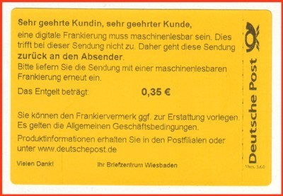 die aktuelle Version der Beanstandung seit Anfang 2011 für die PC-Freimachung 