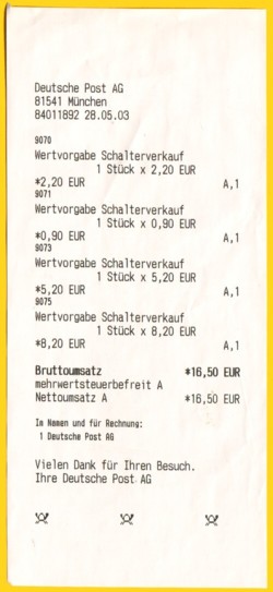 Sammelquittung vom allerersten Tag des Versuches (28.5.2003) über Wertvorgabe Schalterverkauf aus München 90