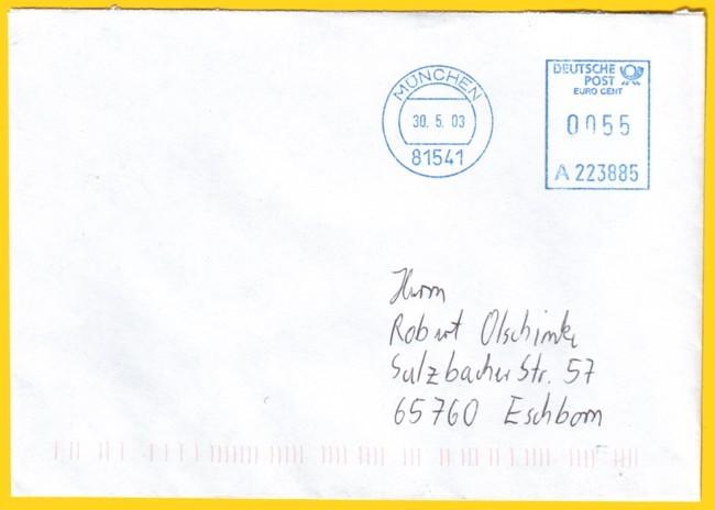 Brief vom zweiten Tag des Vorversuches aus München 90 - diese Absenderstempelmaschine war mit richtigen Datum ( 30.5.2003) programmiert !