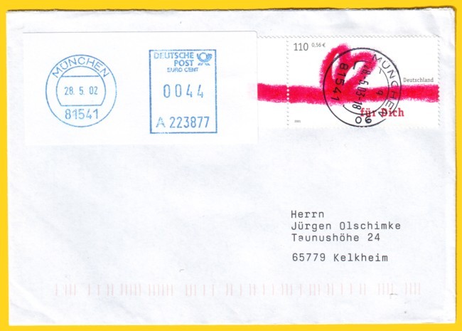 Kompaktbrief vom ersten Versuchstag aus München 90 ergänzt mit Label vom Absenderfreistempel am Schalter (das Datum ist hier falsch programmiert - wie der Stempel zeigt müßte es richtig lauten 28.5.2003)