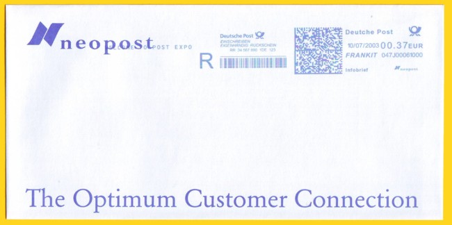 zweiter bekannt gewordener FRANKIT-Musterabdruck zusammen mit Einschreiben vom 10.7.2003 von Neopost im Klarschriftteil noch in einem älteren Layout (gefunden auf der Postexpo 2003 in Brüssel)