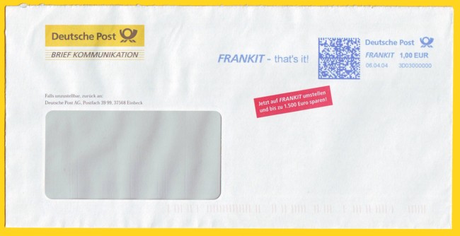Werbeanschreiben der Deutschen Post vor Ostern vom 6. April 2004 mit Informationen zu FRANKIT mit dem ersten bekannten echt gelaufenen Abdruck dieser neuen Freimachungsart