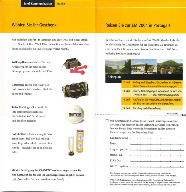 Werbeflyer der Deutschen Post - Stand April 2004 - die aufgeklappten Innenseiten mit den Geschenken - hier unterscheiden sich die Flyer vom Juni und September 2004 (und Stand Rückseite)