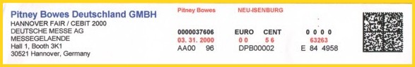 Musterbeleg von der CeBIT 2000 zum damaligen Pilotversuch Rempi - dem wichtigsten Vorversuch zu Frankit - durchgeführt von der Firma Pitney Bowes