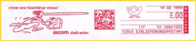 Einer der ersten Musterabschläge eines Absenderfreistempels mit 2-D-Barcode von der CeBIT 1999 vom Hersteller Ascom Haßler heute zu Neopost gehörend
