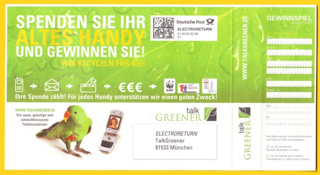 Versandtasche Electroreturn von talkGREENER (Firma gibt es nicht mehr - wurde übernommen)