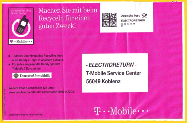 Versandtasche von Electroreturn, hier am Beispiel von T-Mobile
