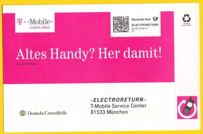 Electroreturn Versandtüte stabiler Kartonpapier schmal - hinten zusätzlich mit angeheftenen Infoflyer an alle Briefabholer