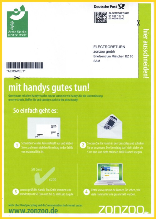 Electroreturn Aufkleber von zonzoo sowie einer von vielen Spendenempfängern - hier für die Artze für die Dritte Welt