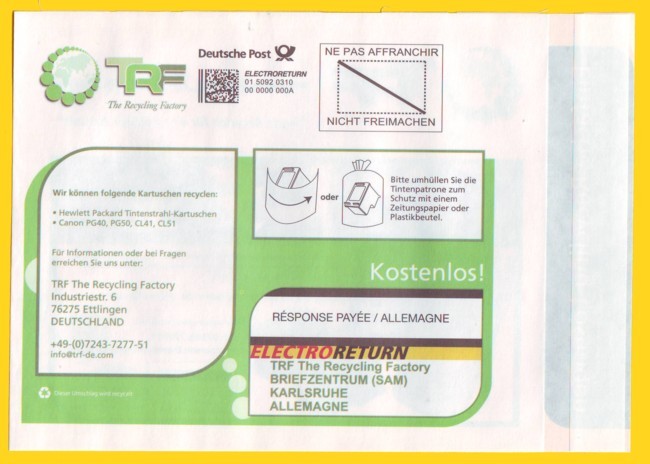 Versandtüte Electroreturn International zusammen mit Freimachung Werbeantwort International vom Testkunden TRF