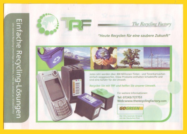 Versandtüte Electroreturn International zusammen mit Freimachung Werbeantwort International vom Testkunden TRF - hier die Rückseite ohne zusätzlichen Kundenstrichcode