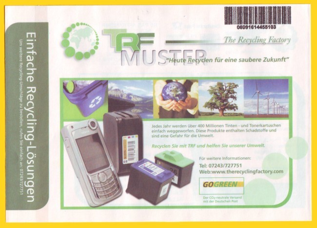 Versandtüte Electroreturn International zusammen mit Freimachung Werbeantwort International vom Testkunden TRF - hier die Rückseite mit zusätzlichen Kundenstrichcode (Muster)