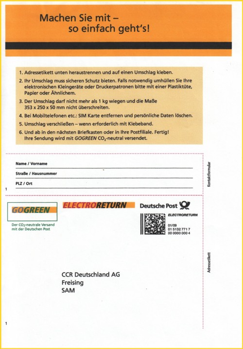 Der komplette Ausdruck des neuen Anschriftenettikets in Farbe
