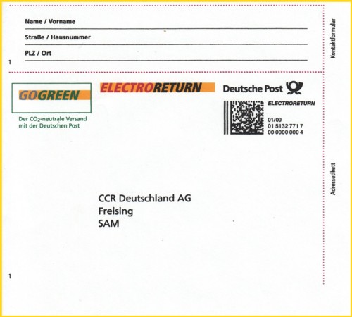 Der vergrößerte Teilausschnitt nur Absender und Empfängerbereich des selben Ausdrucks aus dem Sommer 2009