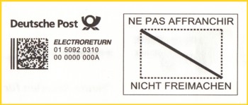 Der erste Freimachungsvermerk Electroreturn mit integrierter CCRI-Freimachung (Internationale Werbeantwort) - der GoGreen-Vermerk befindet sich in diesem Fall auf der Rückseite des entsprechenden Umschlags von TRF