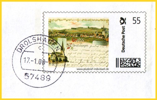 Briefmarkenausschnitt mit Markenmotiv einer alten Litho-AK aus Drolshagen (Auflage 30 Stück) mit Tagesstempel 17. Januar 2008