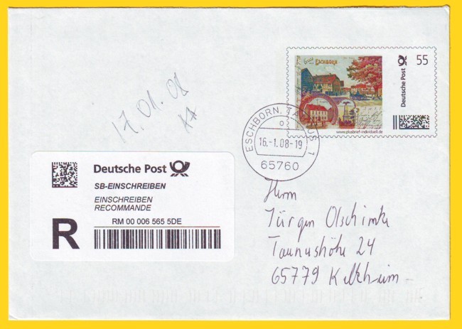 Plusbrief Individuell mit dem Markenmotiv einer alten Litho-AK aus Eschborn (Auflage 25 Stück) als Einschreiben (hier mit dem Label eines Selbstbedienungseinschreibens, das ja 2,05 Euro kostet) vom 16. Januar 2008 aus 65760 Eschborn, gelaufen und kodiert