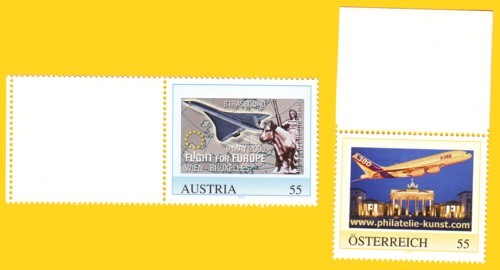 Zwei personalisierte Briefmarken aus Österreich mit aerophilatelistischen Themen, einmal mit der Landesbezeichnung Austria, einmal mit Österreich