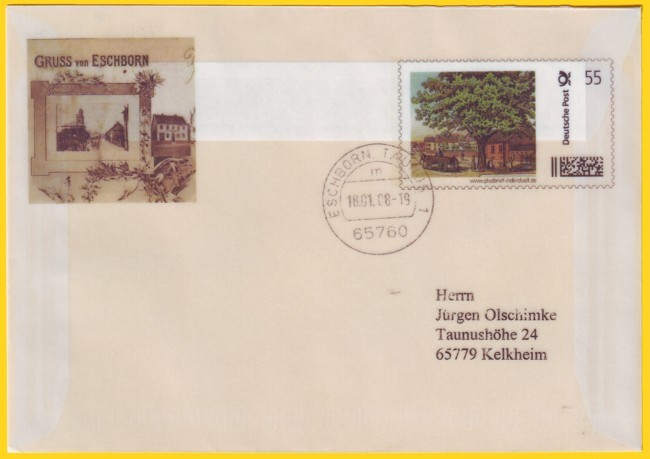 Transparenter Plusbrief Individuell mit Markenmotivausschnitt aus einer alten Litho-AK von Eschborn (Eschenplatz) sowie mit einem weiterem Zudruckausschnitt aus einer anderen alten Ansichtspostkarte von Eschborn gestempelt am 18. Januar 2008. Solche transparenten Umschläge gab es nur während der Testphase