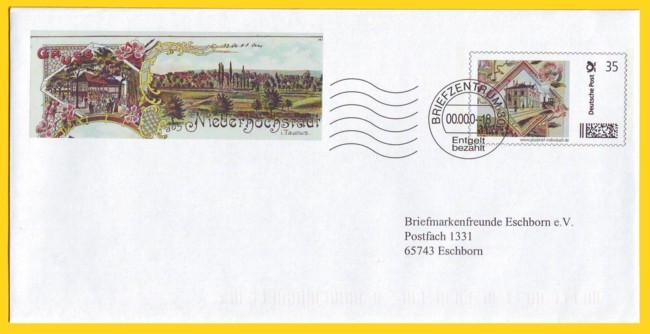 Infobrief Plusbrief Individuell mit Markenmotivausschnitt aus einer alten Litho von Niederhöchstadt - Bahnhof mit Dampflok auf der Strecke Kronberg - Frankfurt, Klischeeentwertung Briefzentrum 30 sowie weiterem Zudruck mit Teilausschnitt aus einer anderen Litho-AK aus Niederhöchstadt (Ortsteil von Eschborn - Auflage 100 Stück), echt gelaufen und kodiert an das Postfach der Briefmarkenfreunde Eschborn