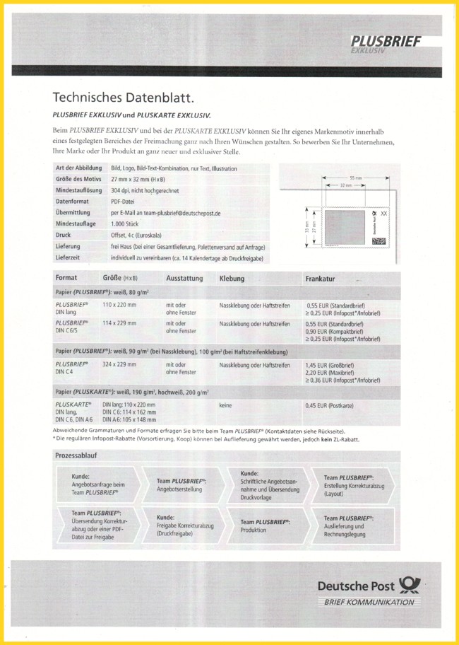 Das technische Datenblatt der Post zum Plusbrief Exklusiv - Stand 02/2007 - Vorderseite