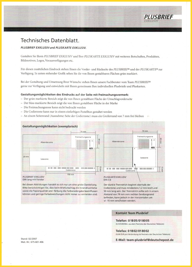 Das technische Datenblatt der Post zum Plusbrief Exklusiv - Stand 02/2007 - Rückseite