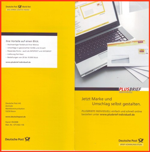 Das neue Werbefaltblatt der Deutschen Post AG nun mit dem aktuellen Namen Plusbrief Individuell - Vorderseite und Rückseite Stand 05/2008