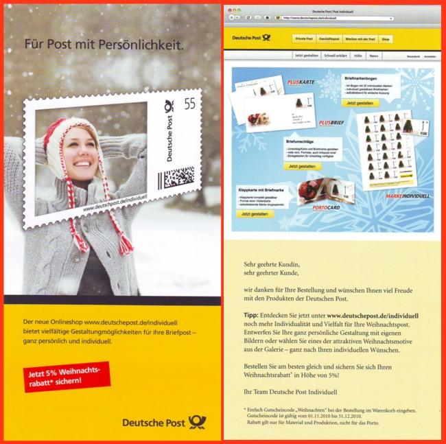 Ein Werbeflyer auf dem rechts die Startseite der neuen Softwareplattform der Deutschen Post zu sehen ist
