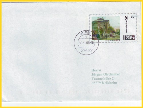 Plusbrief individuell aus der Versuchsphase für Kleinstauflage mit einem Motiv aus Olpe - Tagesstempel 19. Januar 2008