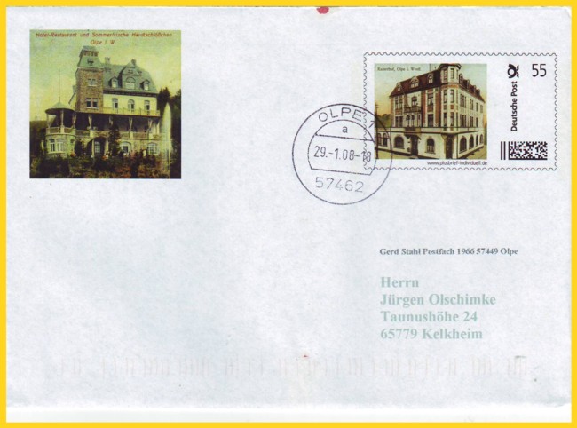 Plusbrief individuell aus der Versuchsphase für Kleinstauflage mit einem Motiv aus Olpe (Kaiserhof) - Tagesstempel 29. Januar 2008