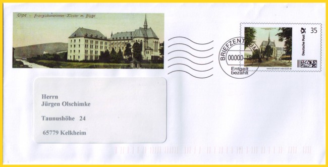 Plusbrief individuell Infobrief aus der Versuchsphase für Kleinstauflage mit einem Motiv aus Olpe (Franziskanerinnen Kloster) - Klischeeentwertung Briefzentrum 30, kodiert