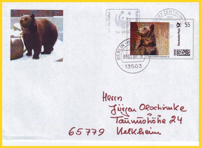 Plusbrief individuell aus der Versuchsphase für Kleinstauflagen mit einem Motiv eines Bären - Tagesstempel Berlin Heiligensee 30. Januar 2008