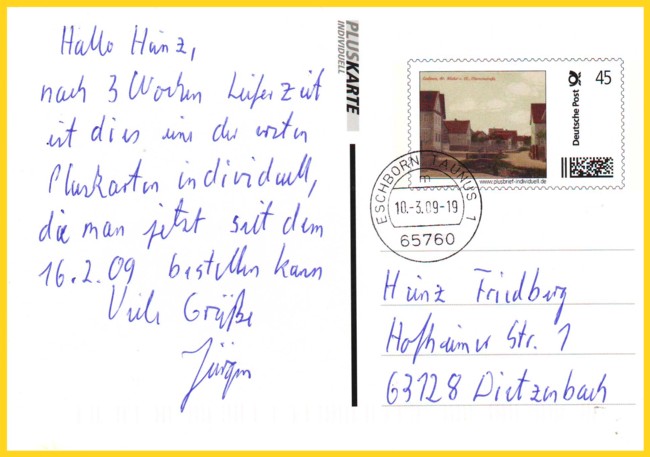 Pluskarte individuell aus den ersten Tagen nach Freischaltung für Jedermann für Kleinauflagen ab 20 Stück Ende Februar 2009