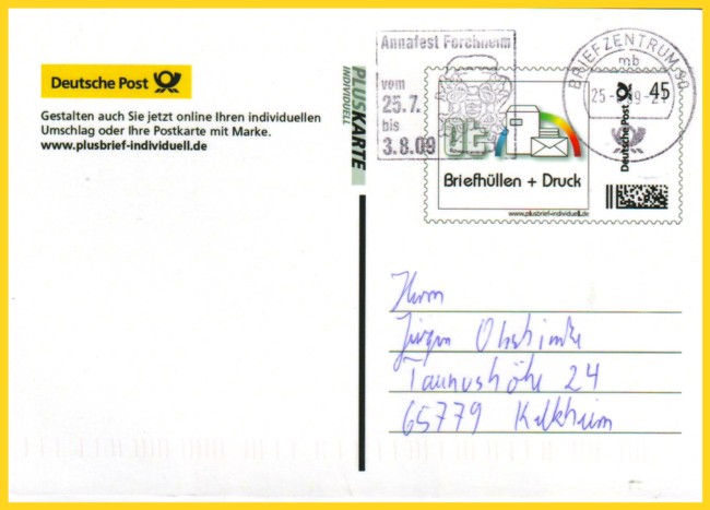 Werbekarte Pluskarte individuell der Deutschen Post AG und einer der druckenden Firmen für die Post - der Firma Otto Theobald - von den Mailingtagen 2009