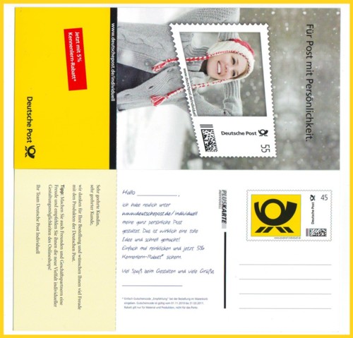 Dienstganzsache der Deutschen Post AG, die für die neue gemeinsame Internetplattform Deutschepost-individuell wirbt