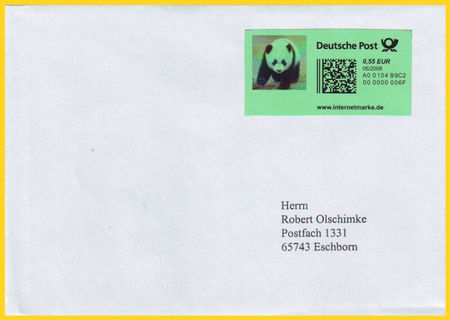 Eine Internetmarke für einen Standardbrief, mit Laserdrucker auf grünes Papier gedruckt und als Einzelfrankatur echt gelaufen