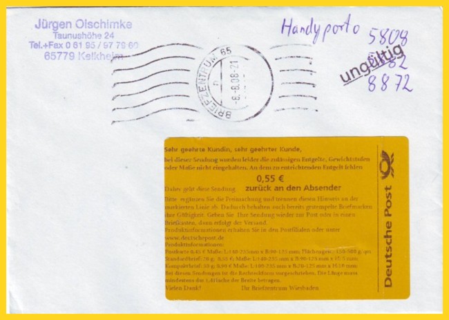 Handyporto aus der Frühphase vom 7. August 2008, das nicht anerkannt wurde und nach Reklamation erstattet wurde