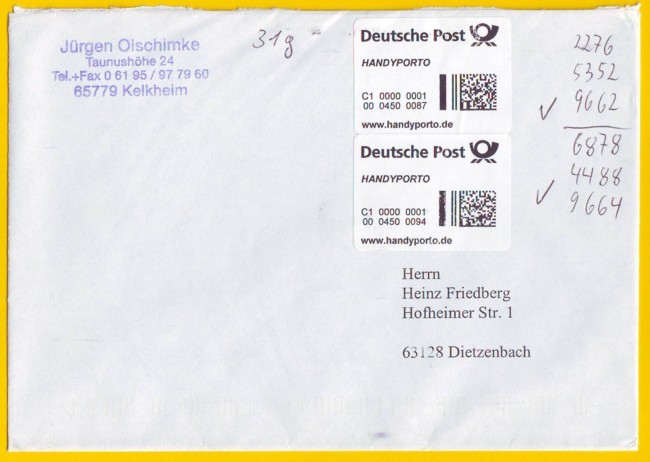Doppelfrankatur eines kodierten Kompaktbriefes mittels zweimal Postkartenporto vom 15. August 2008 - das Gewicht wurde von der Post mit 31 Gramm festgehalten