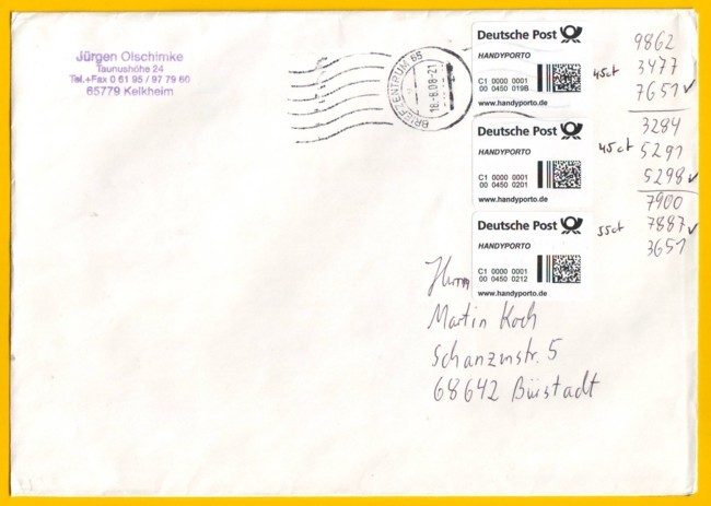 Großbrief vom 18. August 2008, frankiert mit zweimal Postkartenporto und einmal Briefporto