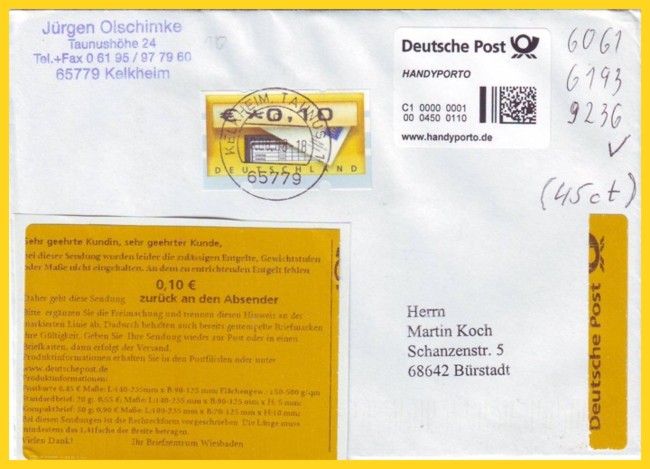 Doppelt kodierter Brief vom 15. August 2008 mit Postkartenporto unterfrankiert, daher mit gelben Aufkleber vom Briefzentrum Wiesbaden zurück an Absender, mit 10 Cent ATM nachfrankiert und am 18. August erneut auf die Reise geschickt
