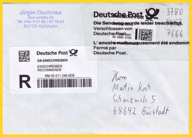 Kodierter Brief mit Handyporto vom 21. August 2008 mit SB-Einschreibelabel, da Brief oben von Maschine beschädigt wurde, mit Klebeband verschlossen