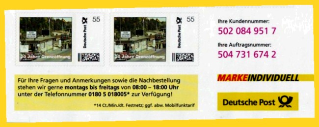 Unterer Bogenrand der Marke individuell mit dem Motiv Grenzübergang Helmstedt - 20 Jahre Grenzöffnung - rechts die Kundennummer und Auftragsnummer, darunter Postinformationeen, wo man diese Marken als Geschäftskunde bestellen kann