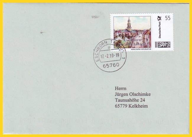 Kodierter Brief mit einer der ersten Marke individuell mit Internetadresse. Motiv: Eschborn vor 100 Jahren - Pfarrhaus und evangelische Kirche, entwertet mit Tagesstempel vom 17. Februar 2010 in Eschborn, Taunus