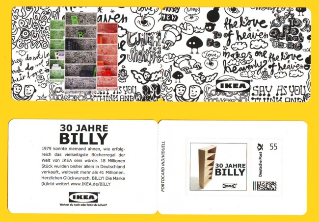Portocard individuell aus der Markttestphase von einem der ersten Firmenkunden: IKEA. Motiv: 30 Jahre Billy - Vorder- und Rückseite