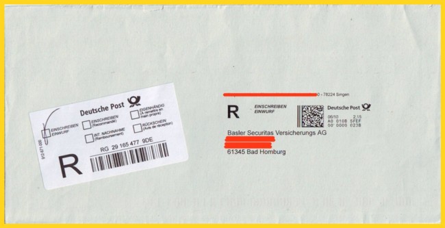 Internetmarke Einschreiben Einwurf (Kaufdatum 06/10), auf Umschlag gedruckt, versandt vor Freigabe, daher noch entsprechendes Einschreiblabel erforderlihc (einer von zwei bisher bekannten Belegen aus dieser kurzen Phase von ca. acht Wochen)
