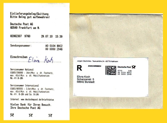 Internetmarke Einschreiben mit Absender (Kaufdatum: 07/10), 260 Euro als Standardbrief mit Kodierung sowie Einlieferungsschein vom Schalter mit 20-stelliger Hexadezimalnummer