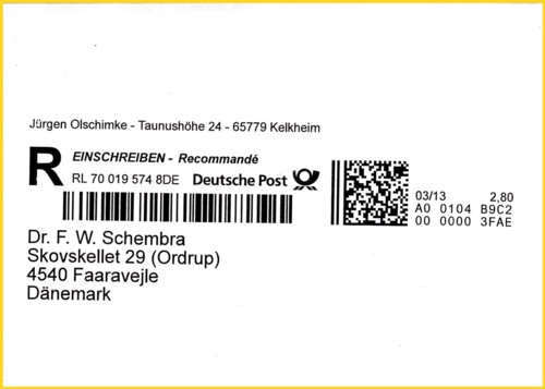 Gelaufener Brief nach Dänemark hier in der Variante Internetmarke mit Absender und Empfänger direkt auf C6-Umschlag gedruckt