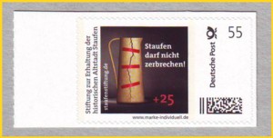 Marke individuell 55 Cent ohne Rand und mit indivirektem Zuschlag im Bildmotiv "Staufen darf nicht zerbrechen! - Stiftung zur Erhaltung der historischen Altstadt Staufen"