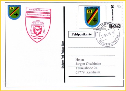 Feldpostmarke Individuell 45 Cent - nur erhältlich an dem Sonderfeldpostämtern - hier echt gelaufen von einem der ersten Tage vom Sonderfeldpostamt anlässlich der Kieler Woche - 23. Juni 2010